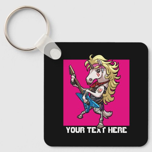 Hair Metal Glam Rock Unicorn Blue Guitar Cartoon Keychain