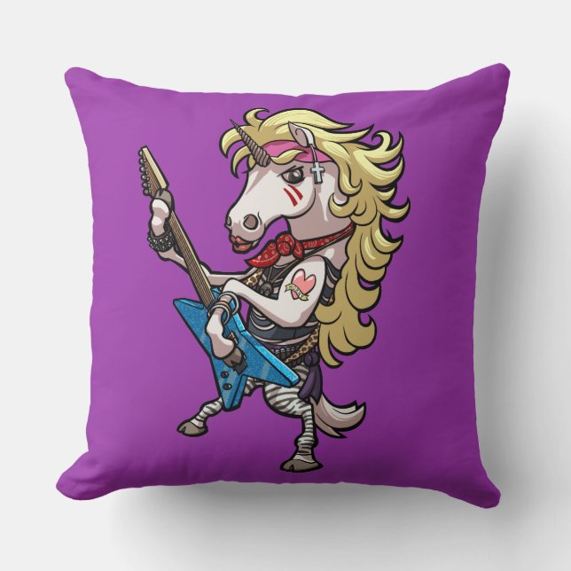Hair Metal Glam Unicorn With Star Guitar Cartoon Throw Pillow (Front)