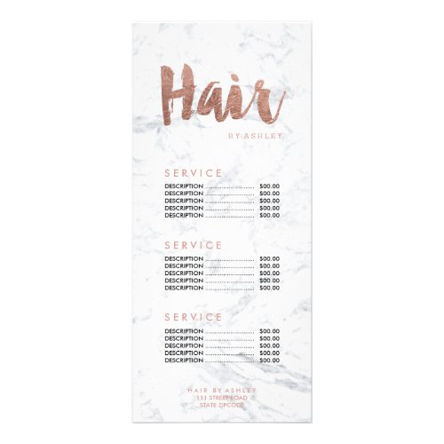 Hair modern gold typography marble price list rack card