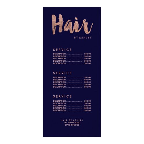 Hair modern gold typography navy price list rack card