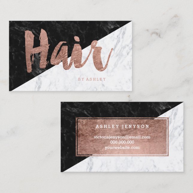 Hair modern rose gold typography block marble business card (Front/Back)
