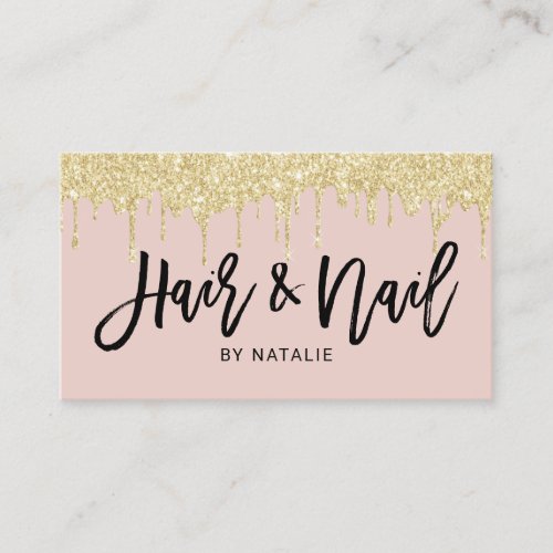 Hair  Nail Salon Gold Drips Blush Pink Typography Business Card