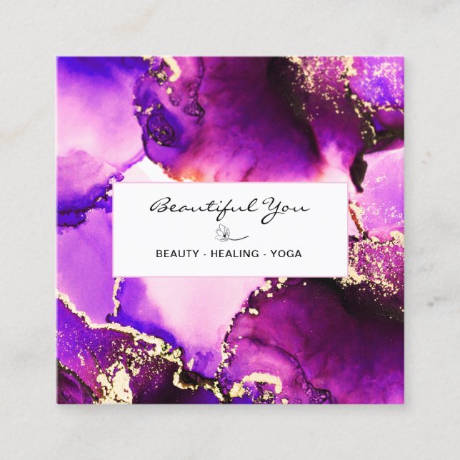 *~* Hair Nails Lashes Floral Magenta Gold Reiki Square Business Card (Front)