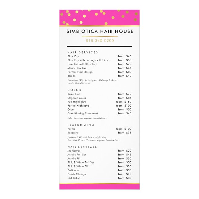 HAIR PRICE LIST glam polka dot gold bold hot pink Rack Card (Front)