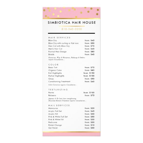 HAIR PRICE LIST glam polka dot gold pale pink Rack Card