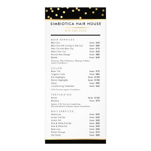 HAIR PRICE LIST modern glam polka dot gold black Rack Card