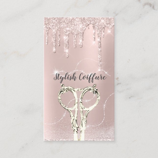 Hair Rose Drip Glitter Coiffure Gold Scissors Business Card (Front)