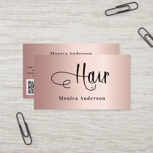 Hair rose gold blush elegant QR code script Business Card