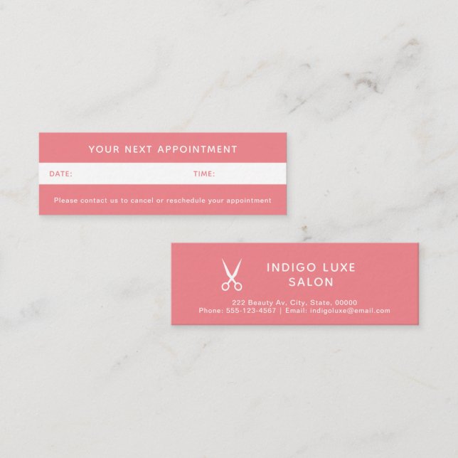 Hair Salon Appointment Reminder Scissors Coral Mini Business Card (Front/Back)