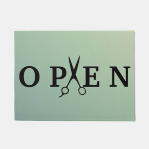 Hair Salon Black Scissor Open Welcome Doormat