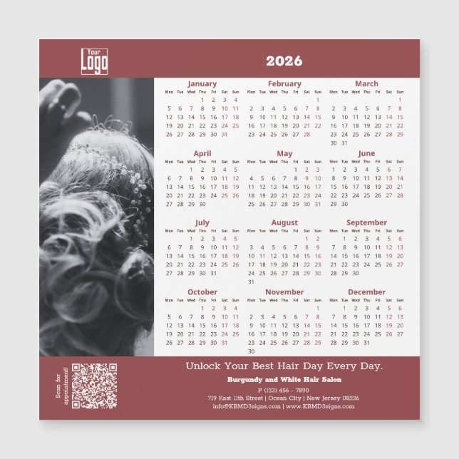 Hair Salon Burgundy White 2026 Calendar Magnet (Front)