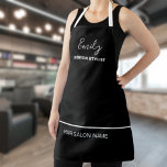 Hair Salon Business Name Employee Job White Black Apron<br><div class="desc">An elegant simplistic design for the uniform of a hairdressers or beauticians or similar with the salon name at the bottom beneath a single white line, and employee name and job title in white at the top. Easily personalise the text and you can also change text and black background colors...</div>