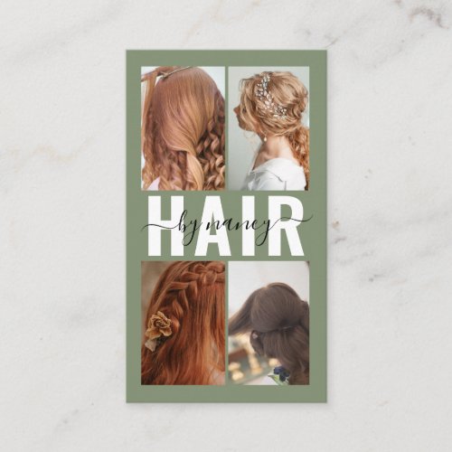 Hair Salon Calligraphy Photo Collage Sage Green Business Card