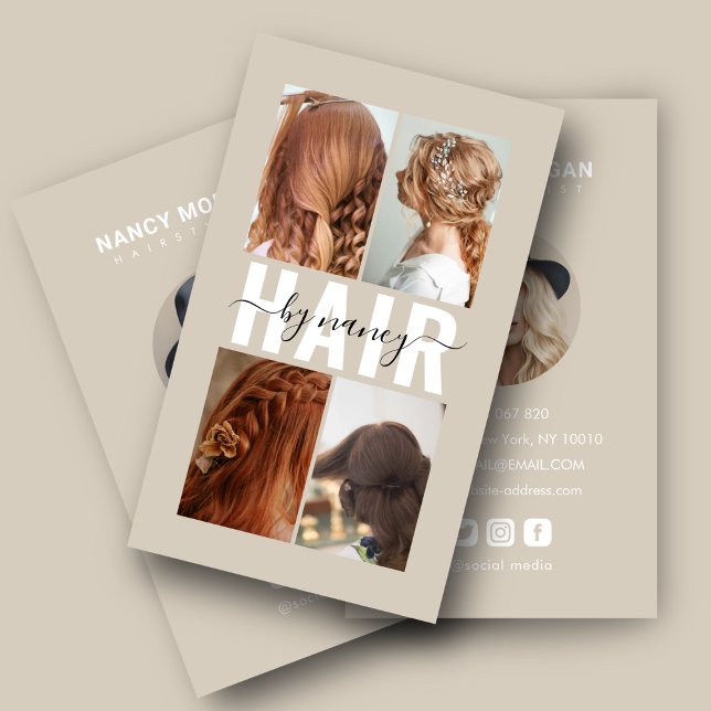 Hair Salon Calligraphy Script Photo Collage Beige  Business Card (Creator Uploaded)