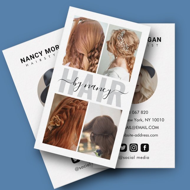 Hair Salon Calligraphy Script Photo Collage Business Card (Creator Uploaded)