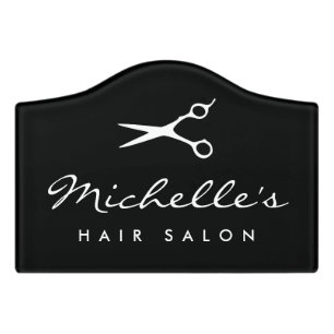 Hair salon door sign with barber scissors logo