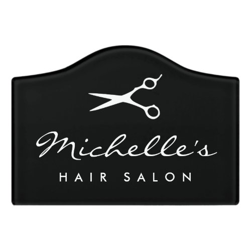 Hair salon door sign with barber scissors logo