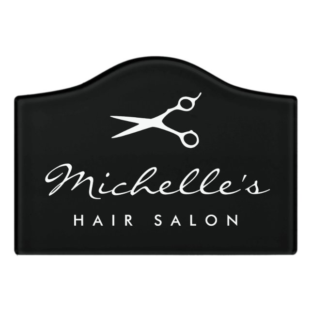 Hair salon door sign with barber scissors logo (Small Crest Front)