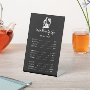 Hair salon elegant black and white service menu pedestal sign