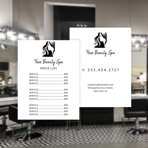Hair salon elegant black white service menu flyer