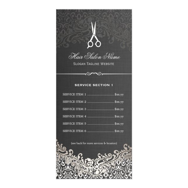 Hair Salon Elegant Dark Silver Damask Price List Rack Card (Front)