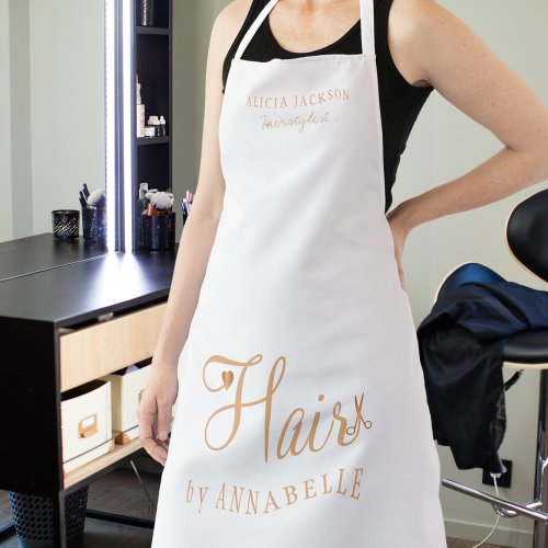 Hair salon employee personalized white and gold apron