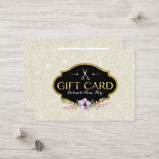 Hair Salon Floral Ivory Glitter Gift Certificate (Front/Back In Situ)