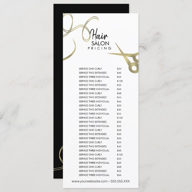 Hair Salon Flyer Pricing List Gold Black Menu Invitation (Front/Back)