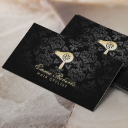 Hair Salon Gold Blow Dryer Logo Elegant Damask Business Card