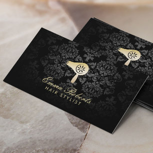 Hair Salon Gold Blow Dryer Logo Elegant Damask Business Card