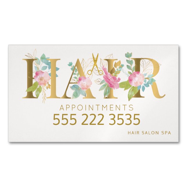 Hair salon gold floral pink appointments phone no business card magnet (Front)