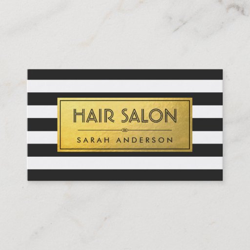Customizable HAIR SALON - Gold Label and Black White Stripes Business Card