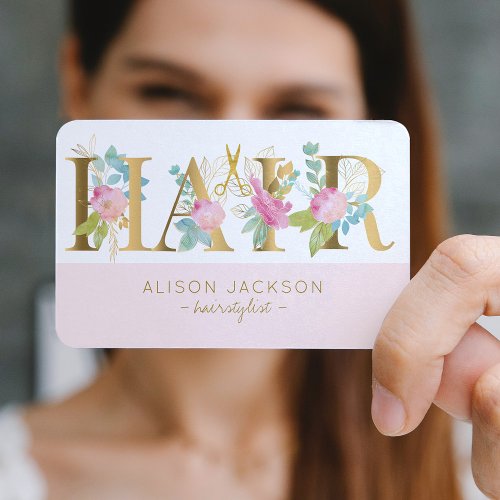 Hair salon gold pink blush glam hairstylist business card