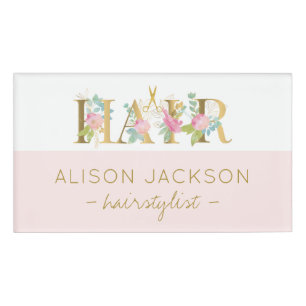 Hair salon gold pink blush glam hairstylist name tag