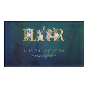 Hair salon gold pink blush glam hairstylist navy name tag