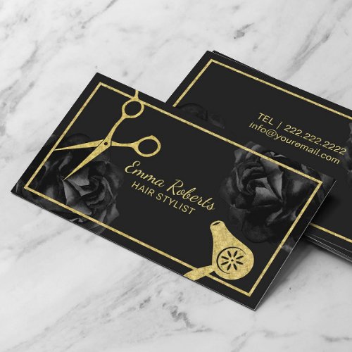 Hair Salon Gold Scissor  Dryer Black Floral Business Card