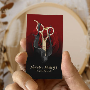 Hair Salon Gold Scissor & Red Rose Modern Stylist Business Card