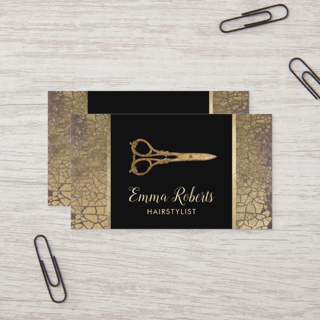 Hair Salon Gold Scissor Stylish Gold Leaf Crackle Business Card (Front/Back In Situ)