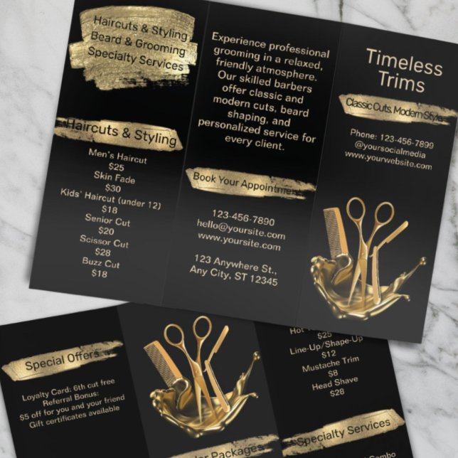 Hair Salon Hairdresser Gold Scissors Barber Shop  Brochure (Hair Salon Hairdresser Gold Scissors Barber Shop Brochures)