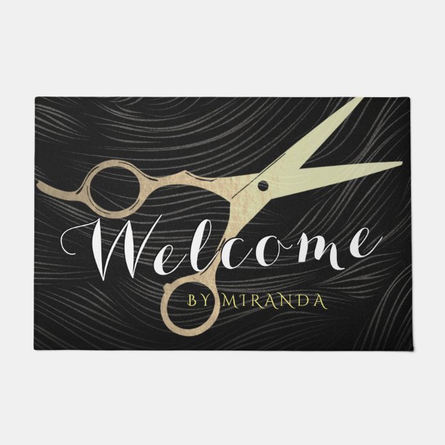 Hair Salon Hairstylist Black Gold Scissors Welcome Doormat