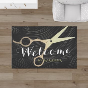 Hair Salon Hairstylist Black Gold Scissors Welcome Doormat by ReadyCardCard at Zazzle
