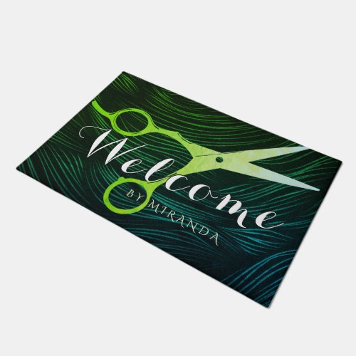 Hair Salon Hairstylist Green Gold Scissors Welcome Doormat