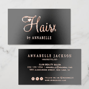 Hair salon hairstylist luxury rose gold black foil spot gloss business cards
