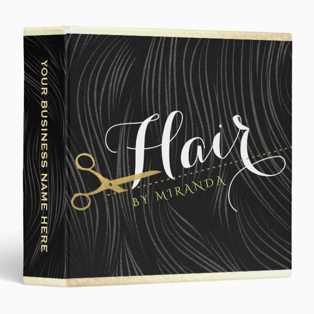 Hair Salon Hairstylist Modern Black Gold Scissors 3 Ring Binder (Front/Spine)