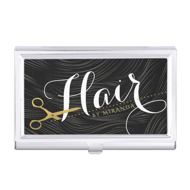 Hair Salon Hairstylist Modern Black Gold Scissors Business Card Case (Front)