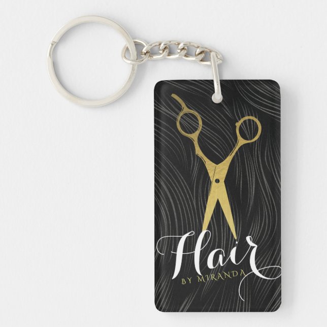 Hair Salon Hairstylist Modern Black Gold Scissors Keychain (Front)