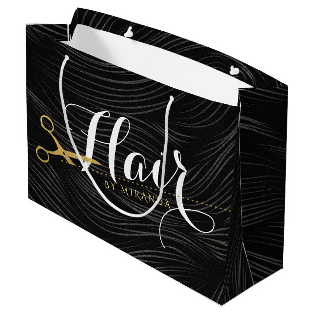 Hair Salon Hairstylist Modern Black Gold Scissors Large Gift Bag (Back Angled)