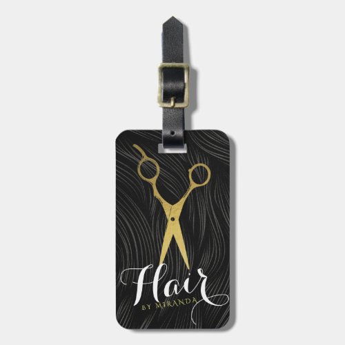 Hair Salon Hairstylist Modern Black Gold Scissors Luggage Tag