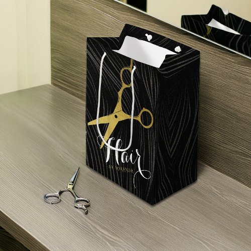 Hair Salon Hairstylist Modern Black Gold Scissors Medium Gift Bag