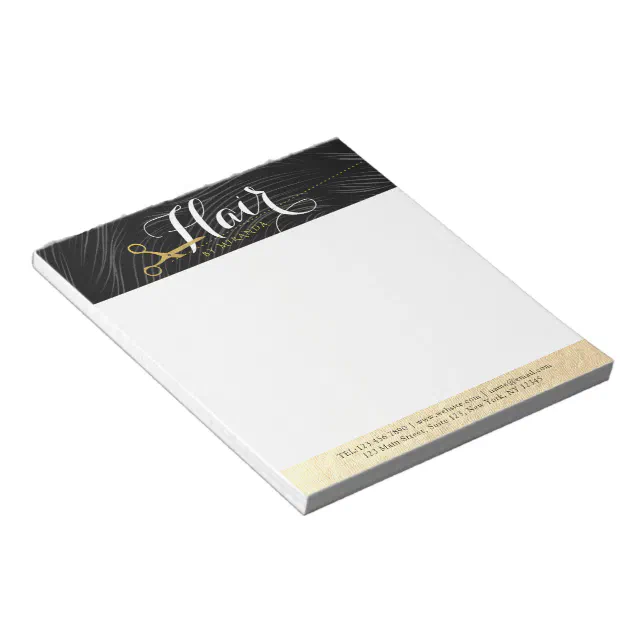 Saloon Notepad Hair Salon Hairstylist Modern Black Gold Scissors Notepad | Zazzle